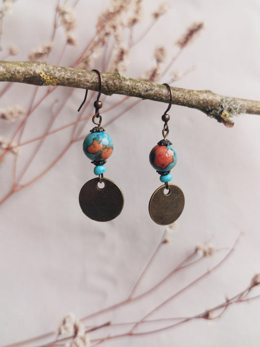 BOUCLE D'OREILLE - ethnique - bohème - upcycling - fait en Belgique - couleur bronze